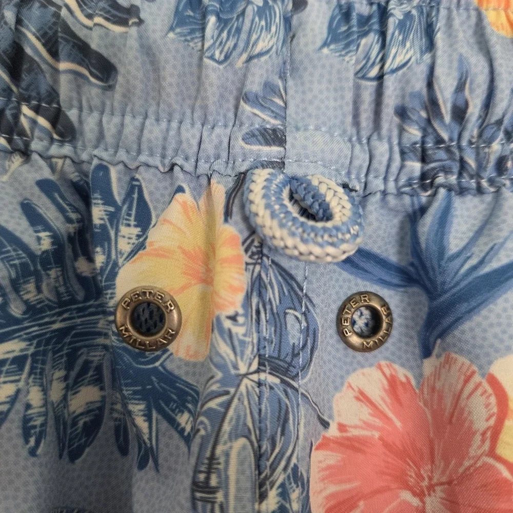 Peter Millar‎ Mens Tropical/ Floral Print Blue Swim Trunks Elastic Waist Size LG
